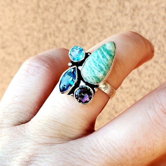 New Amazonite, Blue Quartz, Mystic Topaz 925 Silver Ring. - Picture 12 of 14